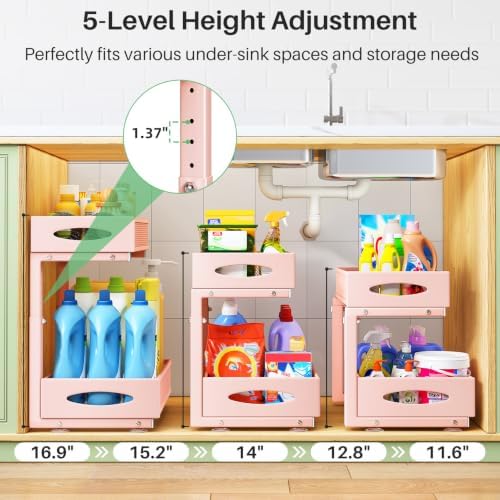 2 Pack Under Sink Organizer, 2 Tier Pull out Cabinet Organizer Mesh Baskets with 5 Adjustable Heights, Sliding Drawers Storage Shelf for Home, Kitchen, Bathroom, Pantry, Office, Countertop ,Pink - Image 3