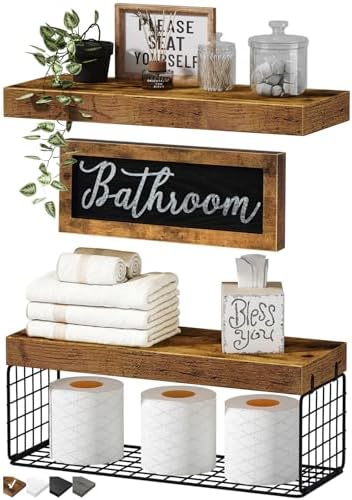 QEEIG ‎Bathroom Shelves Over Toilet - Paper Storage Wall Mounted Farmhouse Decor Decorations Aesthetic Décor Sign Small Floating Shelf 2+1 Set 16 inch, Rustic Brown (020BN) by QEEIG