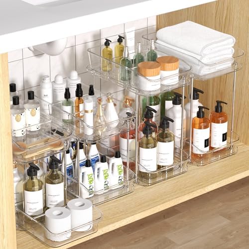 incostar 2 Tier Pull-Out Storage Organizer for Bathroom and Kitchen, Under Sink Organizer with Dividers, Ideal for Organizing Cupboard,Bathroom Vanities,Cabinet, Slide-Out Clear Storage, 4 Pack - Image 3