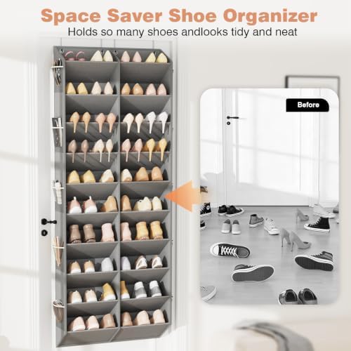 LANTEFUL Over the Door Shoe Organizer, Hanging Shoe Rack for Closet Door Shoe Storage for 30 Pairs Sneaker and Boots, Large Shoe Holder for Door with 10 Side Pockets, Space Saving, Grey - Image 6
