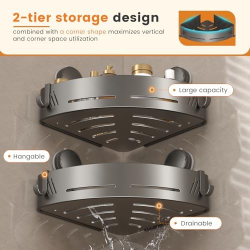 Triangular Corner Shower Caddy 2-Pack with Suction Cups and Hooks - Image 5