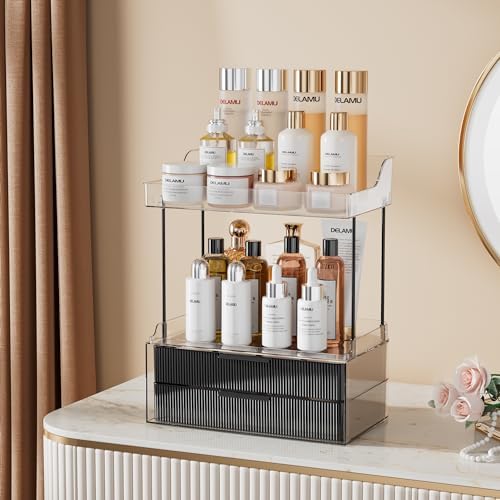 Delamu 4-Tier Makeup Organizer, Bathroom Counter Storage, 2 Drawers,Black - Image 3
