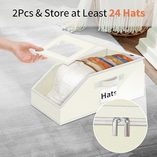 Aokeyee Hat Organizer for Baseball Caps - 2PCS Stackable Storage with Clear Window Lid, Flip-Top Access, Space-Saving Hat Box for Closet, Breathable Fabric (beige) - Image 2