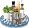 Blue and White Checkerboard Lazy Susan with Rubberwood Base and Metal Rail by AMH