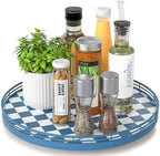 Blue and White Checkerboard Lazy Susan with Rubberwood Base and Metal Rail by AMH