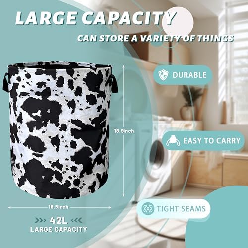 Black White Cows Print Laundry Basket Oxford Cloth Hamper 18.9x16.5Inch - Image 2