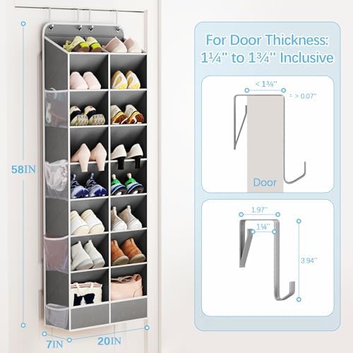 Yecaye 16-24 Pairs Over the Door Shoe Organizer, Large Capacity Hanging Shoe Rack for Door Hanger with Deep Pockets, 8 Tier Shoe Holder for Sneakers Boots Heels College Dorm Essentials, Grey - Image 5