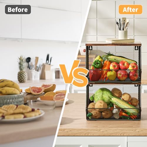 Stackable Fruit Basket for Kitchen Countertop Space Saving, Wall Mounted Mesh Metal Wire Baskets with Wood Lid Extra Storage, 2 Pack Kitchen Counter Organizer for Snack, Onion and Potato Storage - Image 2