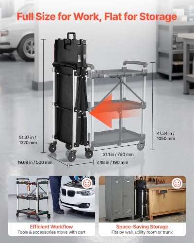 VEVOR 3 Shelf Heavy Duty Folding Jobsite Cart, 3 Tier Rolling Cart with Side Tool Holder & 360° Swivel Wheels (2 Brakes), 300 LBS Folding Utility Cart, Tool Storage for Garage Warehouse Workshop - Image 2