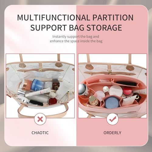 Doxo Purse Organizer Insert for Handbags & Base Shaper 2pc Set, Felt Neverfull PM Organizer Insert, Tote Bag Organizer with Zipper Pocket and Bottle Holder, Fit Neverfull PM and More, Pink-M - Image 6