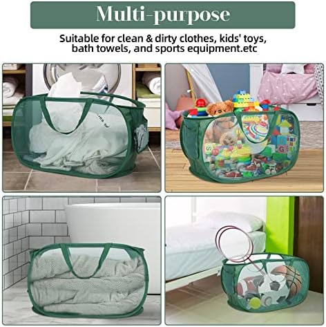 Sturdy Mesh Pop Up Laundry Hamper, Collapsible Laundry Baskets with Side Pocket, Foldable Clothes Hamper with Reinforced Carry Handles for Laundry, Bathroom, Kids Room, Dorm or Travel 2 Pack Emerald - Image 6
