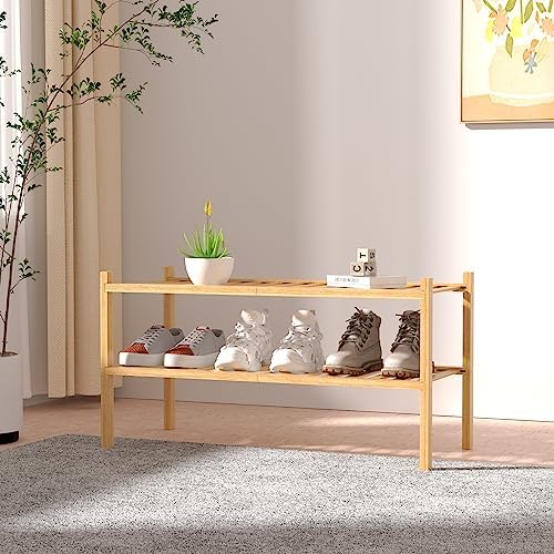 ROMGUAR CRAFT 2 Tier Bamboo Shoe Rack for Closet Free Standing Wood Shoe Shelf for Entryway Small Space Stackable 27"x11"x13" (Natural) | Free Standing Shoe Shelf Storage Organizer for Entryway Small Space Stackable - Image 2