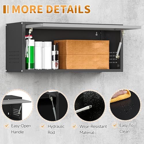 Metal Garage Wall Cabinet with Up-Flip Door,Wall-Mounted Steel Storage Cabinet, Float Tool Cabinet with Pegboard,Upper Cabinet for Kitchen,Garage,Workshop,Warehouse(13.8" H,Black&Gray) - Image 5