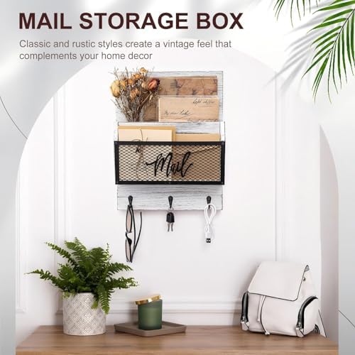 Yalikop Farmhouse Mail Organizer Wall Mounted Rustic Mail Holder Hanging Key Sorter with 3 Hooks Indoor Wooden Wall Mounted, Letter, Magazines, Newspapers, Keys(Classics,White Gray) - Image 5