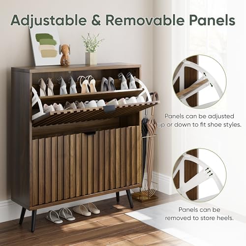 Smuxee Shoe Cabinet with 2 Flip Drawers, 31.5" Walnut Hidden Shoe Storage Cabinet with Fluted Design, Freestanding Shoe Organizer Cabinet for Entryway, Hallway, Closet, Living Room - Image 4