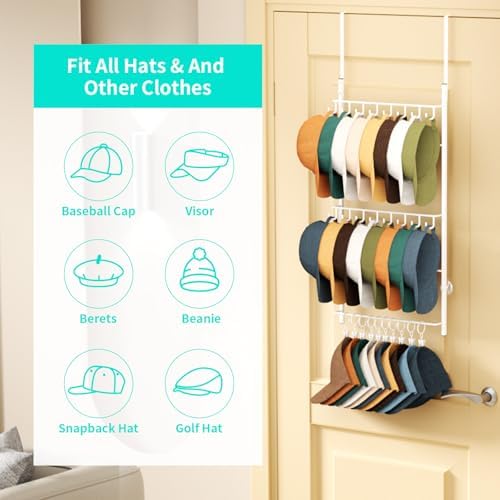 HapiRm Over Door Hat Rack - 3 Tier Wall Mounted Hat Organizer with 16 Hooks and 10 Movable Clips, Baseball Cap Organizer Storage Holds up to 26 Caps for Door, Bedroom, Closet USPTO Patent Pending - Image 5