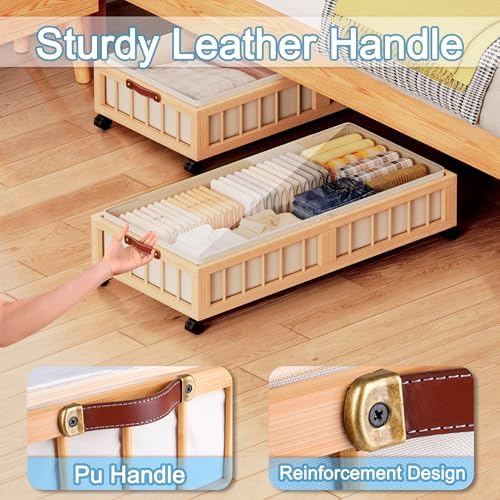 efluky 2-Pack Bamboo Under Bed Storage with Wheels, Rolling UnderBed Storage Basket with Large Dust Bag, Under Bed Storage Containers for Bedroom, Dorm and Basement, Nature - Image 6