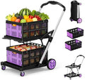 200LBS Collapsible Shopping Cart with 2 Storage Crates, 8-in-1 Portable Foldable Utility Cart with Foot Brake for Picnic, Supermarket, Grocery, Office, Outdoor, Purple by BSMTEK