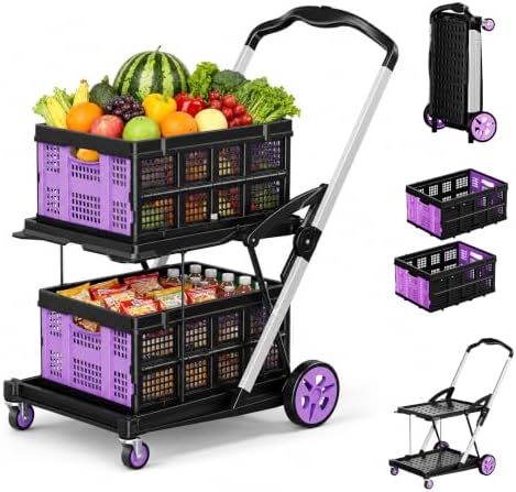 200LBS Collapsible Shopping Cart with 2 Storage Crates, 8-in-1 Portable Foldable Utility Cart with Foot Brake for Picnic, Supermarket, Grocery, Office, Outdoor, Purple by BSMTEK