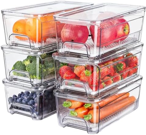 6-Pack Fridge Drawer Organizer, Pull-out Stackable Refrigerator Organizers and Storage, Clear Fruit Storage Containers Bins with Drain Tray for Kitchen Cabinet, Pantry Organization by Brippo