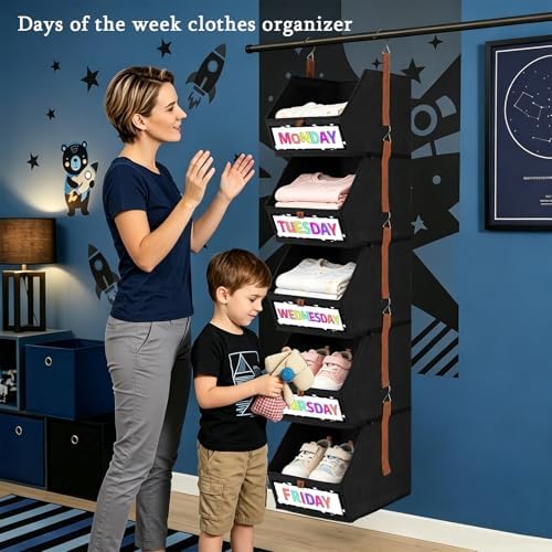 Weekly Clothes Organizer for Kids, 5-Shelf Hanging Clothes Storage with 7 Labels, Back to School Fabric Heavy Duty Closet Storage with Zipper and 10 Hooks for Morning Routine, Black - Image 2