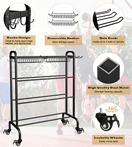 Basketball Racks Holder for Balls with Wheels, Rolling Metal Sports Equipment Storage Stand Organizer with Baskets and Hooks for Basketballs Footballs Volleyball, Black - Image 5
