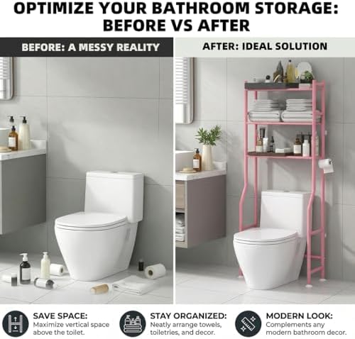GloTika 3-Tier Over Toilet Storage, Anti-Tilt, 64" H, Pink - Image 7