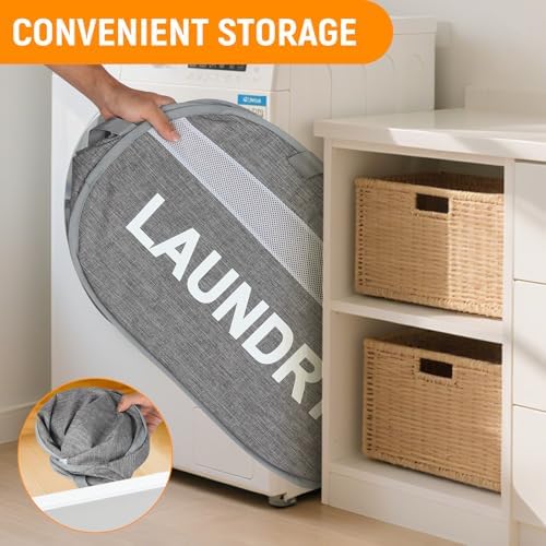 Collapsible Laundry Baskets with Lid, Foldable Clothes Hamper with Reinforced Handles, Sturdy Pop Up Hampers for Laundry, Tear Proof & Easy to Carry Laundry Hamper for Home, Dorm, Travel Grey - Image 3