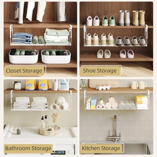 Expandable Shoe Rack Organizer for Cabinet, Adjustable Hanging Under Shelf Storage, Sturdy Round Tube Design, Space Saving Shoe Shelf for Closet, Entryway, Laundry Room, White - Image 7
