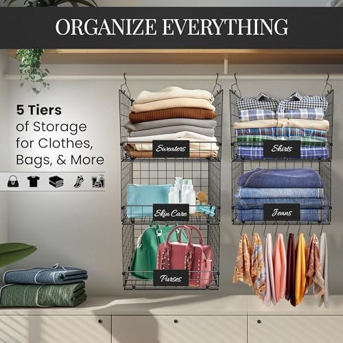 DECOLURE 5-Tier Adjustable Hanging Closet Organizer – Maximize Hanging Storage w/ 4 Hanging Hooks, 8 S Hooks & 5 Name Plates - Sturdy Foldable Wire Storage Hanging Shelves for Clothes, Towels (Black) - Image 5