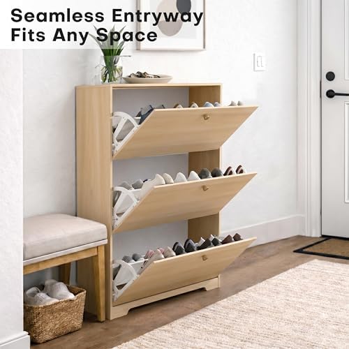 Nicetree Shoe Cabinet with 3 Flip Drawers, Entryway Storage, Natural Oak - Image 4