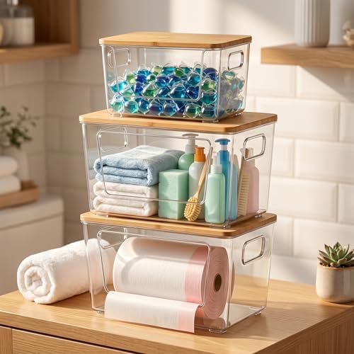 spospo 3 Pack Trash Bag Holder with Bamboo Lid Stackable Trashbag Dispenser - Image 3