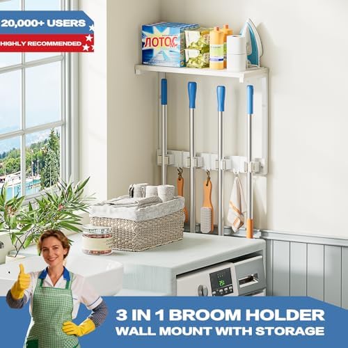 Olakee Broom Holder Wall Mount with Cleaning Supplies Organizer, Laundry Room Organization and Storage Shelves, Mop Hanger Rack with Hooks, Utility Shelf Closet Organizer for Garage Home Improvement - Image 2
