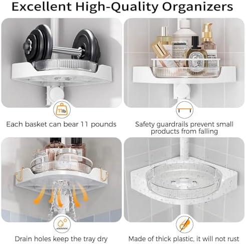 shuang qing 360° Rotating Corner Shower Caddy Tension Pole Organizer, White - Image 5
