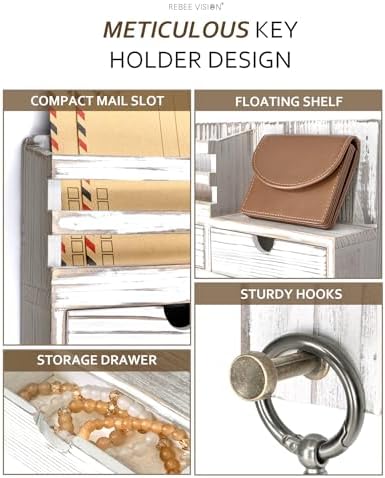 Rebee Vision Key Holder Wall Mount with 2 Drawers for Apartment, Whitewash - Image 3