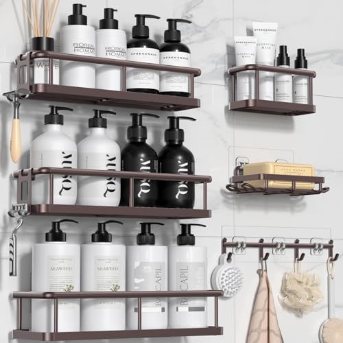YASONIC Shower Caddy Adhesive, Rustproof Shower Organizer with Soap Holder, Large Capacity Shower Shelves for Inside Shower, No Drilling Bathroom Organizers and Storage for Home Decor（6 Pack Bronze） by YASONIC
