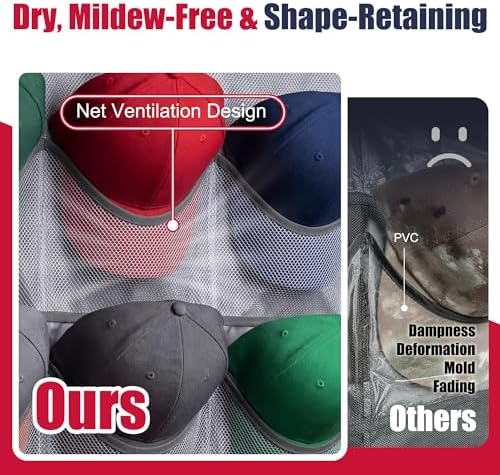 Hat Organizer for Baseball Caps - 24 Pockets, Oxford Cloth Hat Storage with Moisture-Proof Mesh, Visible Hat Rack for Wall & Door with 3 No-Drill Adhesive Hooks, Grey Hat Holder for Bedroom - Image 3
