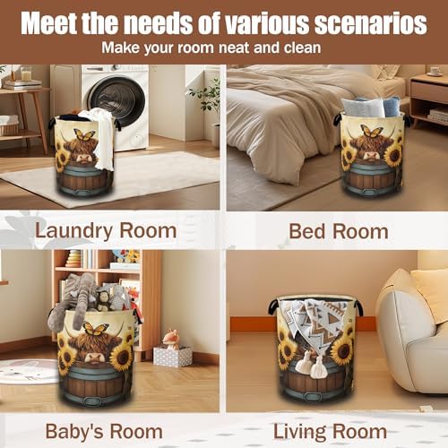 Highland Cow Laundry Hamper,Sunflower Butterflies Collapsible Laundry Baskets Waterproof Oxford Cloth With Handles,Clothes Storage Bucket Toy Organizer For Bathroom/Nursery/Bedroom 16" x 20.8" - Image 7