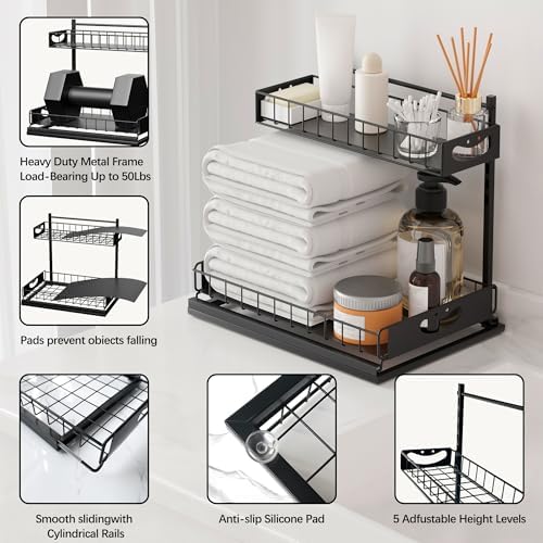 Under Sink Organizer with Pull-Out Drawers,Kitchen Sink Organizer,2 Tier Bathroom Organizers And Storage,Bathroom Accessories Set,Black 2 Pack - Image 6