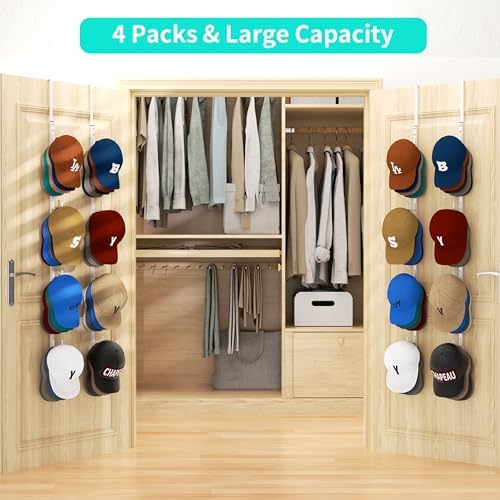 HapiRm Over Door Hat Rack - 4 Packs Metal Hanging Hat Organizer with 16 Hooks Design, Baseball Cap Hanger Organizer Storage Holds up to 80 Caps for Door, Bedroom, Closet(White) - Image 2