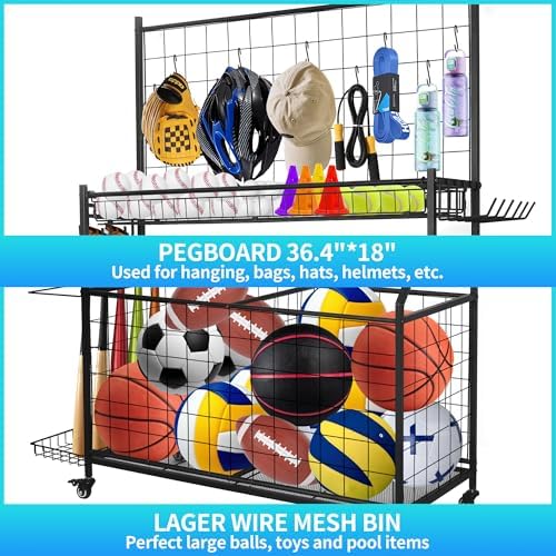 Sports Equipment Organizer,Garage Ball Storage Rack with Basketball Rack with Hooks and Rolling Wheels Cart-Black - Image 4