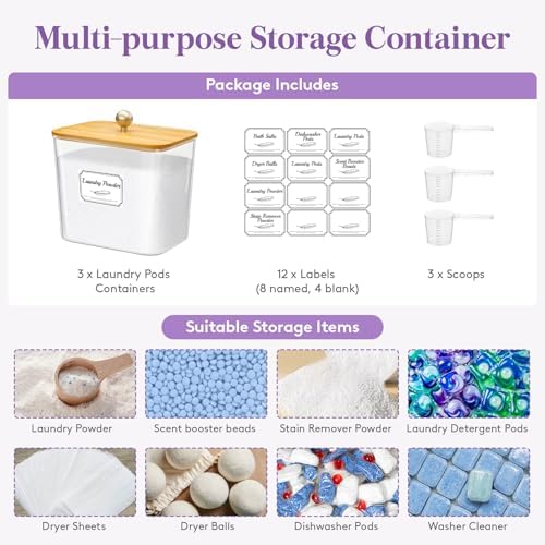 Lifewit Laundry Pods Container with Lid, 0.7 gal, Natural, 3 Pcs - Image 3