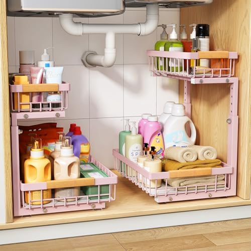 PXRACK Under Sink Organizer, Adjustable Height, 2 Tier Pull Out Under Cabinet Organizer, Slide Out Thickened Metal Under Sink Storage for Kitchen Bathroom Laundry Pantry Cabinet, Pink, Large-2-Pack by PXRACK