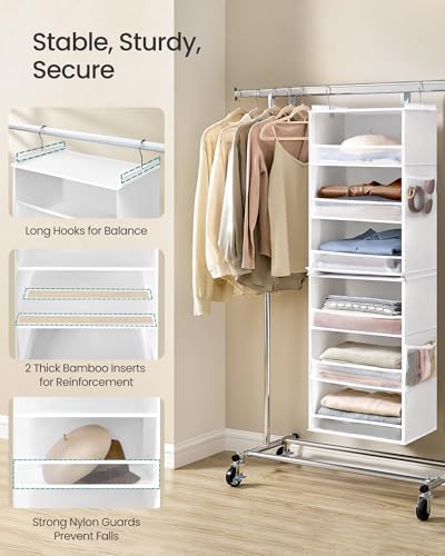 SONGMICS Widended Hanging Closet Organizer and Storage, 6-Tier, Separable | Foldable,Fabric Storage Shelf with 4 Side Pockets, Metal Hooks and Bamboo Inserts, Cloud White, TINA Collection URCH007W01 - Image 5