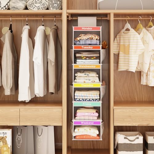 Fixwal Weekly Kids Clothes Organizer 2 Pack 6-Shelf Hanging Storage | Nonwoven Fabric, 6 Daily Shelves, 6 Mesh Side Pockets, 2 Metal Hooks, Foldable Design, for Kids Outfits and Accessories - Image 5
