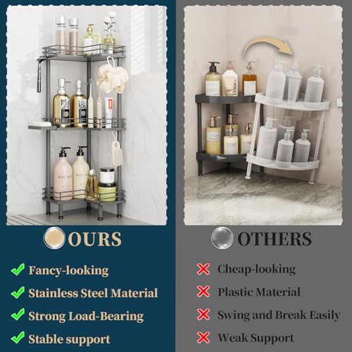 Consumest Corner Shower Caddy Standing - 3-Tier Stainless Steel Shower Organizer with Soap Holder and 4 Hooks, Large Capacity Corner Shelf Stand for Bathroom, Rest Room, Grey - Image 2