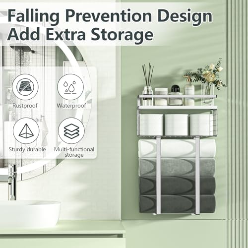 Towel Racks for Bathroom, Bathroom Shelf Over Toilet,Floating Shelves with Towel Rack Paper Holder Storage Basket,Floating Shelves for Wall Decor,Silver - Image 4