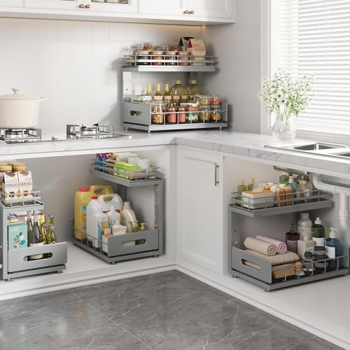 Under Sink Organizer Upgrade To Professional Rails,2-Tier Dual Pull Out Cabinet Storage,Height Adjustable Slide Out Drawers For Bathroom Kitchen,2 Pack-14.5"Dx12.8"-16.9"H,Gun Gray - Image 7