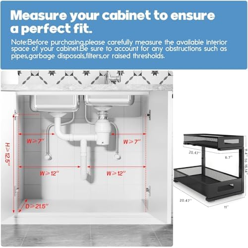 2 Pack 20.47IN Depth Under Sink Storage Organizer, Large 2-Tier Elegant Mesh Pull Out Shelf for Kitchen and Bathroom Cabinet Organization, L-Shaped and Adjustable Height Design-Black - Image 2