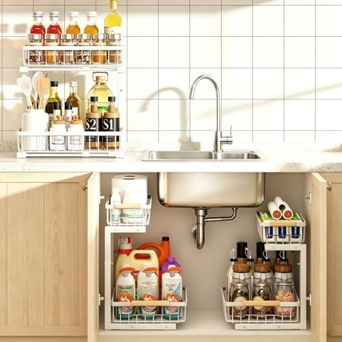REALINN Under Sink Organizer, Height Adjustable Under Sink Organizers and Storage, 2 Tier Pull Out Drawer Cabinet Storage for Kitchen Bathroom, 1 Pack, White - Image 6